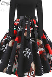 Women Christmas Dress Vintage Robe Swing Elegant Party Xmas Long Sleeve Casual Print Black New Year