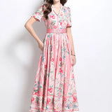 High-End Women's Dress 2025 Spring New Retro Collar Short-Sleeved Waist Print Long