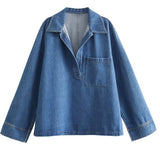 Women's Clothing INS Burst Fashion Loose Collar Long Sleeves Denim Blouse Trouser