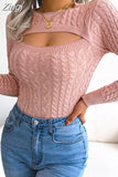 Elegant Women Front Cutout Hollow Out Knitted Pullovers Tops Fashion Long Sleeve Ruched Round Neck Slim Fit