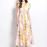 Printing Lotus Leaf Cuff Clenbuter Single Buckle Waist Swing Dress Female Thin Temperament Elegant