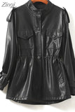 Spring Autumn Luxury Green Black Beige Leather Jacket Women with Drop Shoulder Long Sleeve Drawstring Pockets