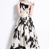 Retro Round Neckless Position Printing Dress Women's Summer Waist Thin Temperament Waist Swing Vest
