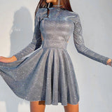 Fashion Chic Bling Glitter Long Sleeve Club Party Dress Mini Backless Hollow Out Sexy Dress Women Autumn Pleated