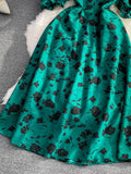 Vintage Slash Neck Off Shoulder Printed Dress Elegant Puff Short Sleeve High Waist A-Line Spaghetti Strap Vestidos