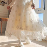 Women High Waist Spring Autumn A-Line Snow Embroidery Fairy Mesh Girlish All-match Korean Style Simple Fresh Romantic