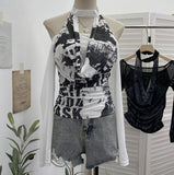 Hottie Hanging Neck A Word Shoulder Collar Long Sleeve Mesh Yarn T-Shirt