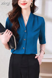 Shirt Women Satin Vintage Shirts OL Basic Blouse Women Short Sleeve Blouses Silk Fashion Women's Clothing Solid Women