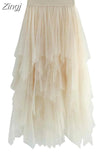 Women Sweet Midi Spring And Summer High Waist Solid Asymmetrical Elegant Chic White Mesh Tulle Skirts