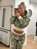 Camouflage Print Splicing Hooded Tycoat With Short Sweater Straight Trousers Two