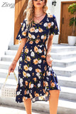 Ladies Summer Dress Women Casual Short Sleeve Ruffles Floral Print Holiday Style Chic Long Dress Beach Chiffon