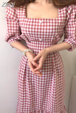 Waist Retro Fashion New Summer Women Puff Sleeve Plaid Dress Ladies Pullover Cotton Dresses Casual Woman A-line Long