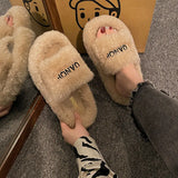 Plush Slippers Women Wear High-Level Spring And Autumn Leisure Home Thick Embroidery A Word Hairy