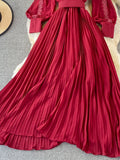 Embroidered Pleated Long Dress Vintage V-Neck Lantern Sleeve High Waist Draped Maxi Vestidos Female 2023