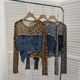 Shooting Fashion Leopard Tard Tard Babes Mesh Splicing Denim Irregular Bottom Shirt Short Top