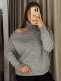 Enter The High-Collar Shoulder Sweater Unique Asymmetric Design Gentle Apricot Gray Color Optional Autumn And Winter