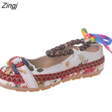 Size Flat Shoes Woman Beaded Strap Women Colorful Back Lace up Fashion Ladies Floral Cotton Fabric Women's
