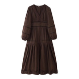 Women's Summer - The New Fashion Temperament V-Neck Splicing Lace Hollow Design Feeling Long-Sleeved Waist