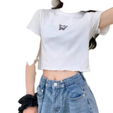 Zingj 2024 Summer High Waist Crop Short T-Shirt Women Slim And Thin Butterfly Embroidery Short-Sleeved Top