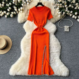 Zingj Senior Sense Dress Female Summer Sexy Sequins Slit Waist Show Thin Round Collar Short Sleeves In The Long Knit