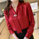 Women Shirts Satin Blouses for Women Fashion Long Sleeve Shirts Tops Woman Ribbon Blouse Tops Woman Bow Tie Shirt