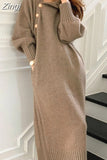 Turtleneck Buttons Women Knitted Dress Elegant Full Sleeve Lace-up Female Thicken Long Dress for Sweater Autumn 2023
