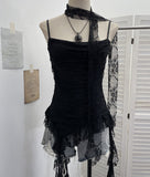 Lace Splicing Irregular Lotus Leaf Edge Ribbon Sling Vest Round Neck Sexy Sleeveless Top