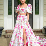 Fashion Sexy Suit 2025 New Breast-Wear Bubble Sleeve Short Top + Long Open Fork Half-Dress