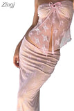 2pcs Set Women Lace Bustiers Strapless Off Shoulder Tube Tops Party Club Mesh See Through Tank Low Waist Long