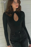 Fashion Stand Collar White Skinny Autumn Bodysuit for Women Basic Cut Out Sexy Bodysuits Tops Elegant Party