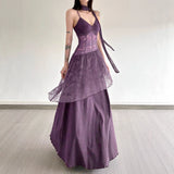 Lace Splicing Perspective To Close Waist-Skinny Sling Dress Long With Round Neck