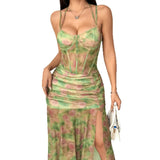 Street Babes Print Flower Sling Skirt Sexy Open Steel Ring Fish Bone Dress