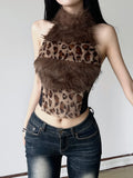 Cloth Forget Hot Leopard Hair Spliced High-Neck Digging Shoulder Vest Hot Girl Thin Waist High Collar
