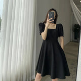 Zingj Summer New Retro Hepburn Wind Little Black Dress Fat Sister Waist Show Thin Square Collar Dress Women's