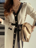 Korean Chic French Office Lady V-neck Dresses for Women Party Single Breasted Tie Waist Cardigan Knitting Woman
