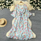 Retro Floral And Snow-Crushed Dress Woman Autumn Strapd To The Waist V Collar Horn Sleeve Temperament Over The Folded