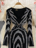 Women Sexy Black Bling Diamonds Bodycon Mini Dress Female Spring Autumn Elegant V-Neck Long Sleeve High Waist Party Vestidos