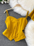 Women Three Pieces Set Elegant V-Neck Short Blouse + Strap Camis + Wide Leg Pants Suit Green/Red/Yellow Spring Fall
