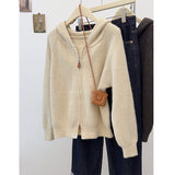 New Simple Casual Double Zipper Sweater Female Shoulder Long Sleeve Hooded Knitted Cardigan Women's Uniform