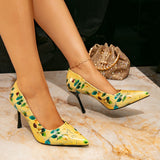 Women's High-Heeled Shoes Women's Fashion Yellow Print Simple Pointed Fine Heel High Heel Single Shoes