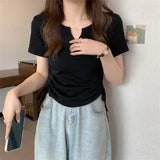 Zingj Sense V-Neck Draw Rope Slim Pure Desire Wind Short Sleeve T-Shirt Women's Wear 2024 Summer New Solid Color Student Jacket
