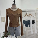 Spice Girls Design Sense Net纱 Stitched With Denim Blouse Long-Sleeved Bottom Shirts To Dress Short Niche T-Shirt
