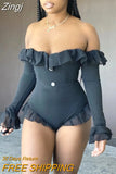 Sexy Solid Ruffle Slash Neck Jumpsuit Women Flare Long Sleeve Top Shorts Swimsuit New Mesh Patchwork Outfits For