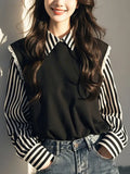 Year's Popular Black Striped Fake Two-Piece Shirt Woman 2025 Spring New Unique Beautiful Design Top