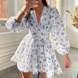 Women's Temperament Sweet Broken Flower High Waist Repair V Collar Short Long Sleeve