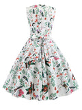 Women Summer Sleeveless Floral Print Midi Dress O Neck Retro Vintage Vestidos Robe Rockabilly