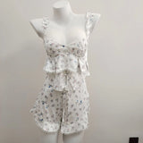 Fraiding Splicing Simulation Silk Sling Shorts Pajamas Set Idyllic Spring And Autumn Pure Thin Home Clothes