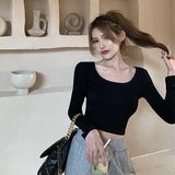 Women Long Sleeve Short T-shirts Solid Deep O-neck Slim Sexy Daily Korean Style Ulzzang Fashion Simple Autumn Female