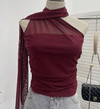 Real Shooting Mesh Ribbon Hanging Neck Folded Sleeveless Top Babes Two-Wearing Design Wrapping Bras