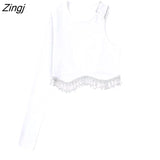 Women Fashion Single Shoulder Hem Diamond Tassel Knitting Short Smock Blouse Female Slim Blusas Chic Crop Tops